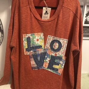 #152 Rust Orange Sweater with Patchwork Design